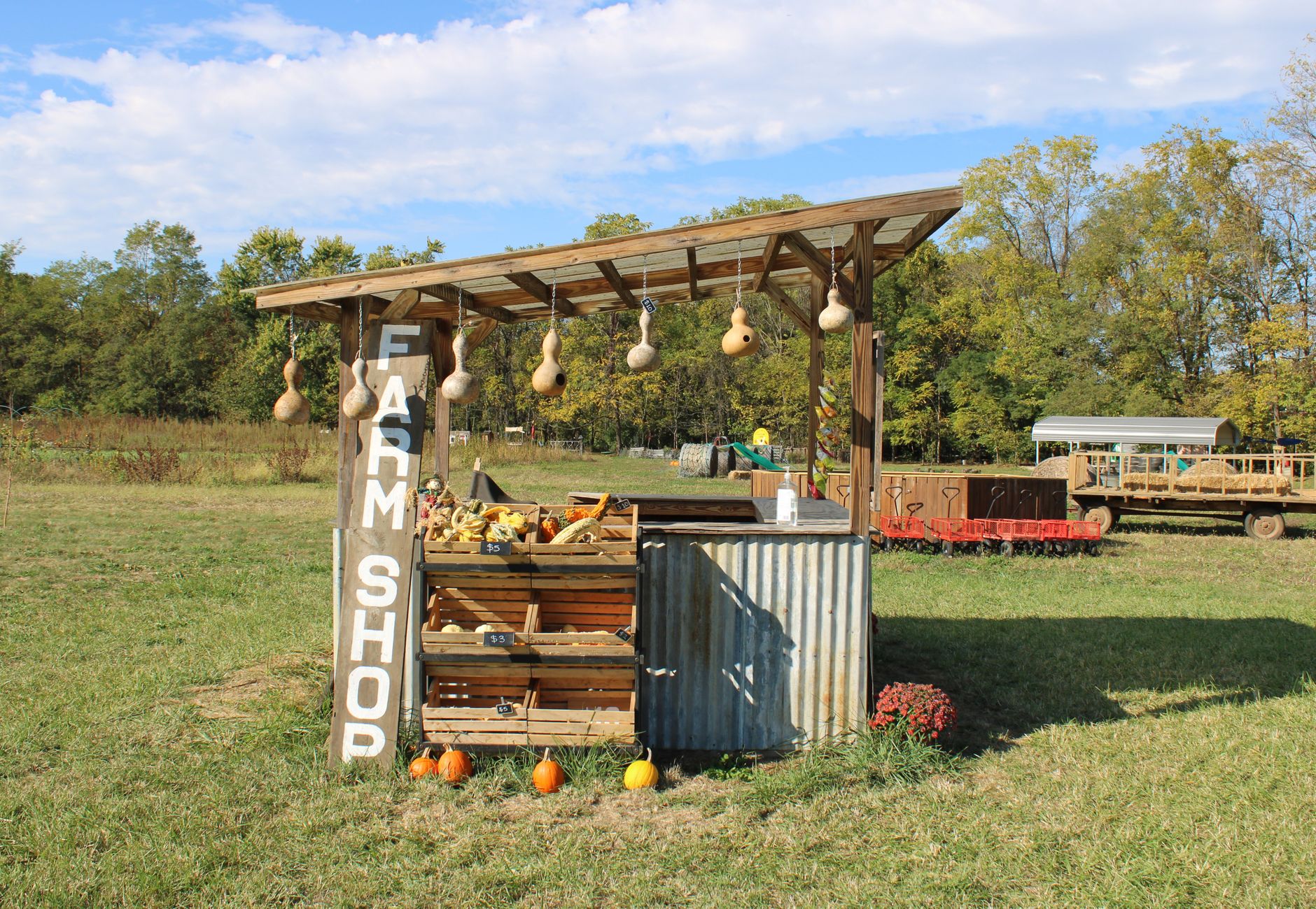 Charming rural farm shop in Ohio selling pumpkins and produce outdoors.