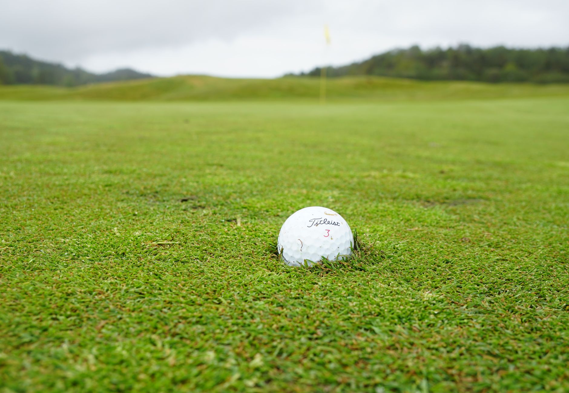 Close-up of a golf ball on a lush green golf course with cloudy skies in the background.